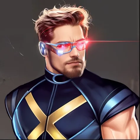 Man in glasses, ciclope, uniforme X-Men, um traje azul, imagem hiperrealista, forte, Metallic display with red lens, fundo cinza