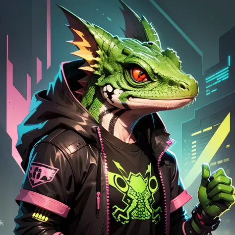 lizard mascot cyberpunk style, t-shirt design, super cute, 2d, vector, flat --auto --s2