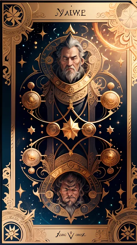 tarot cards，Full tarot border，(The image is surrounded by a tarot card-style border:1.8), Old Man of the East，Vicissitudes，bronze skin，Sage，Wise old man，Realiy，robe，Holding a book，，Very old wizard with a staff, White hair, Outrageously long beard, Wizard r...