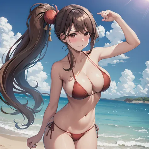 masterpiece, best quality, highres, brown hair, brown eyes, side ponytail, cowboy shot, standing, beach, micro bikini, embarrassed, blush, sexy pose, big breasts, hair ornament, long hair,