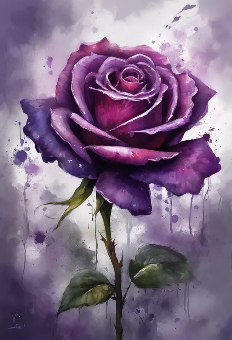 a dark glowing Purple rose painting with a splatter background and spray paint effect with glowing dark and light purple lights, by Eugeniusz Zak, watercolor art, by Károly Lotz, watercolor painting, watercolor painting style, watercolor detailed art, by R...