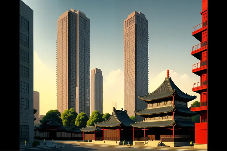 The top half of the picture is a high-rise building with a technological style，Below are ancient Chinese buildings，There is a black-cloaked assassin on the building