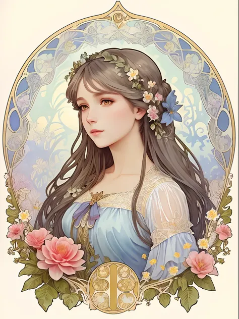 An ultrafine detailed watercolor painting of a gorgeous woman with flowers in her hair, in the style of Alphonse Maria Mucha and Gustav Kilmt, art nouveau accents, fairy princess, anthropomorphic female, female figure, detailed cover artwork, as the goddes...