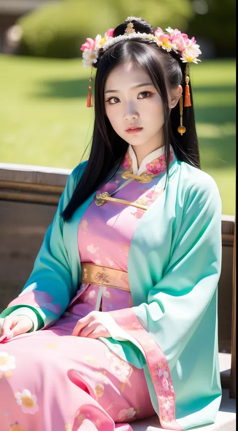 Close-up of a young girl in a pink dress and a green flower headdress, China Princess, Chinese girl, Palace ， A girl in Hanfu, Young Asian girl, Princesa chinesa antiga, Cute young girl, Chinese style, young girl, cute beautiful, Beautiful character painti...