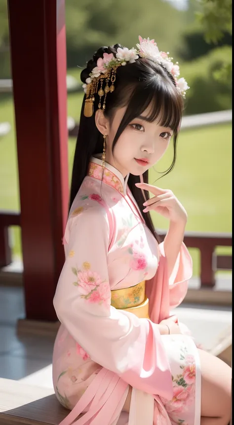 Close-up of a young girl in a pink dress and a green flower headdress, China Princess, Chinese girl, Palace ， A girl in Hanfu, Young Asian girl, Princesa chinesa antiga, Cute young girl, Chinese style, young girl, cute beautiful, Beautiful character painti...