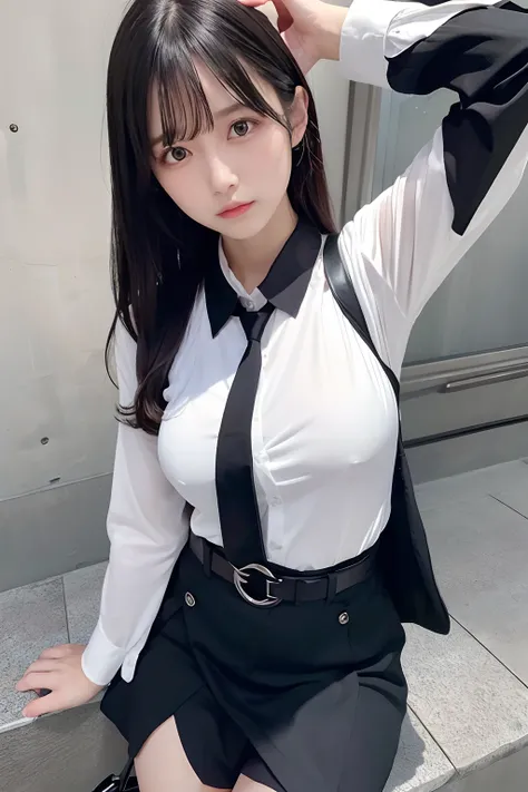 (masutepiece:1.2),High quality,vivd colour,flat-colors,Deep Depth Of Field,Lens Flare,1 girl,Black hair,eyecontact,Suit,Collared shirt,Belt bag,suspenders,Professional,Office Lady,Mature Women,Black mini skirt　garterbelts　knee high　Stockings　Black Niso　Col...