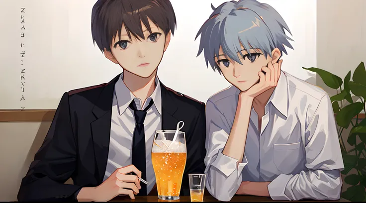 kaworu nagisa and shinji ikari drinking soju, realistic