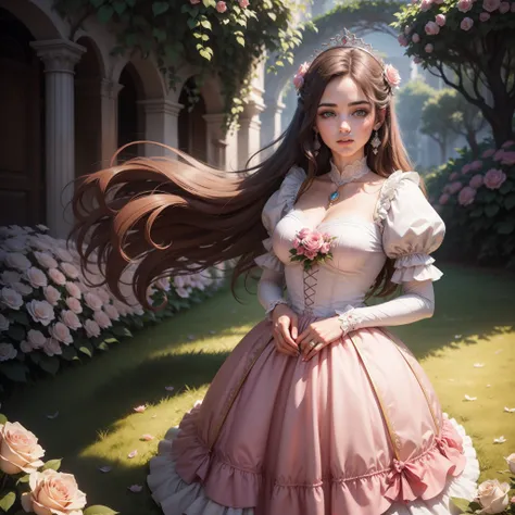 A princesa e os gansos, 1 Girl, plano de fundo jardim de rosas, rosas, alta qualidade, super detalhado, pintura realista.