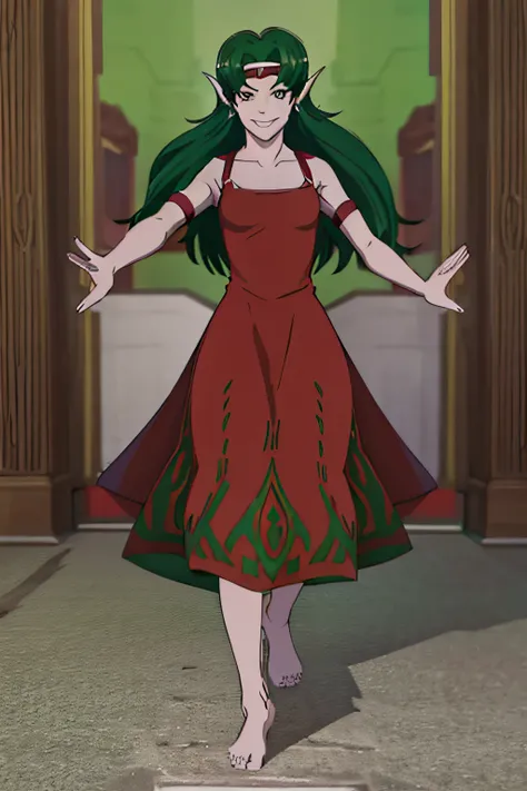 FREYASMT, LONG HAIR, GREEN HAIR, POINTY EARS, RED DRESS, JEWELRY, BAREFOOT, HEADBAND, ARMLET, 1girl, solo, upper body, facing viewer, looking at viewer, smile.