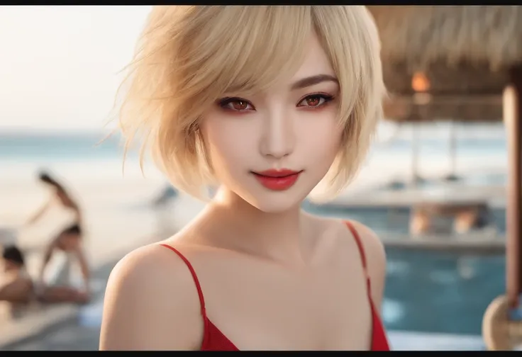 a blond,short cut hair,Red Eyes,The bikini,femele,a small face,Japan