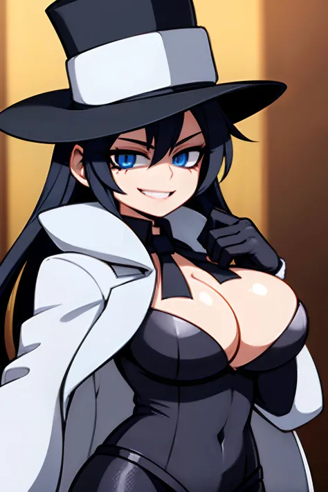 girl, dark blue hair, black leggings, white fur jacket, white fur jacket, wearing top hat, Top Hat Wizard, 4k, in a city, smiling masterpiece, tattoed breasts