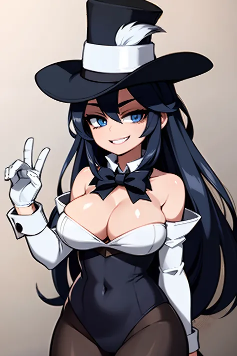 girl, dark blue hair, black leggings, white fur jacket, white fur jacket, wearing top hat, Top Hat Wizard, 4k, in a city, smiling masterpiece, tattoed breasts