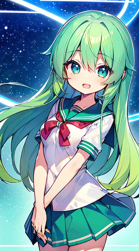 ((Pretty High School girl with green hair and blue eyes:1.2))、((wearing Sailor suit))、Loli face、((master piece、top-quality、ultra-definition、high resolution))、anime girl、((ultra-detailed illust:1.2))、1girl、bangs、hair between eye、beautiful hair、Beautiful eye...