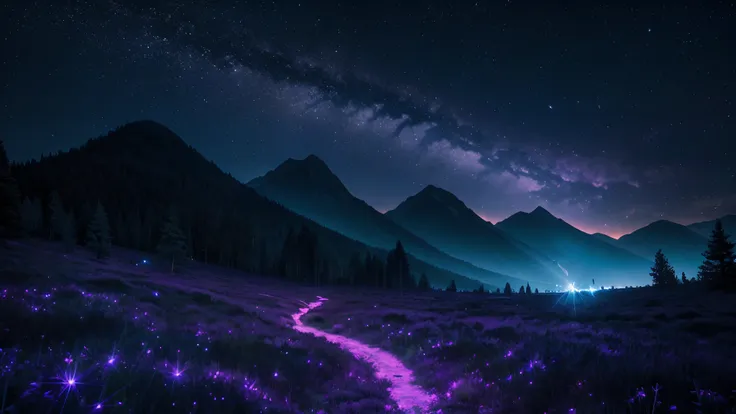 Expansive landscape photograph , (View from below，Displays the sky above and the clearing below), ( meteors:0.9), (Starcloud:1.3), Far Mountain, Tree Break makes art, (Warm light source:1.2), (Firefly:1.2), A lot of purple, Volumetric lighting BREAK (Maste...