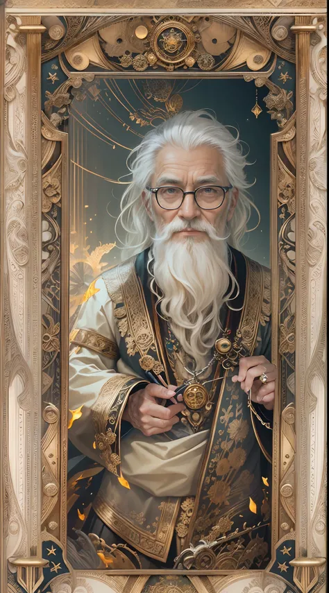 tarot cards，Full tarot border，(The image is surrounded by a tarot card-style border:1.8)，Wise old man，Very old scholar， European elderly，the scientist，The scholar，professor，Vicissitudes，bronze skin，Realiy，Look at the drawings，White hair, wears glasses，Goat...