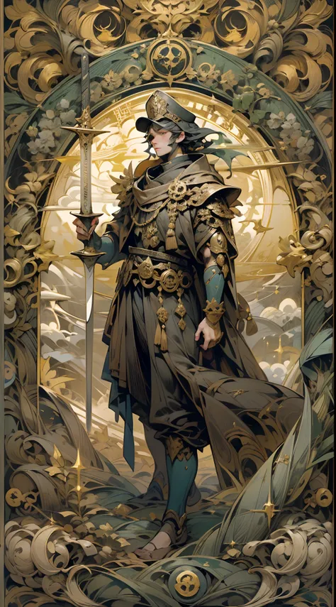 tarot cards，Full tarot border，(The image is surrounded by a tarot card-style border:1.8), Highly detailed cyberpunk apocalyptic scenes，A vast and wide-angle war-ravaged field，Wielding a golden cane and a long sword on his back，Standing in it is a male king...