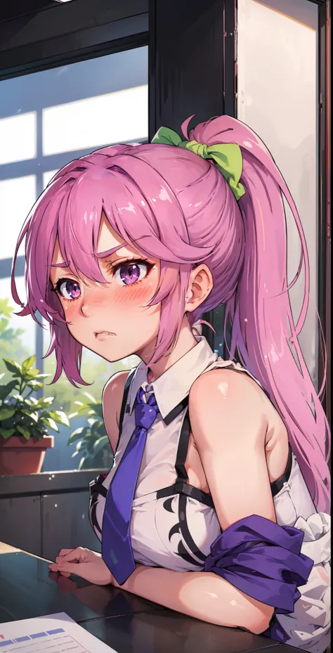 Jibril, (standing), blushed, perfect anatomy, detailed eyes, detailed lips, extremely detailed eyes and face, vivid colors, sharp focus, masterpiece:1.2, ultra-detailed, blushed, ((doggystyle)), (solo), ((tie)), sleeveless, ((((ponytail)))), (((disdain, di...