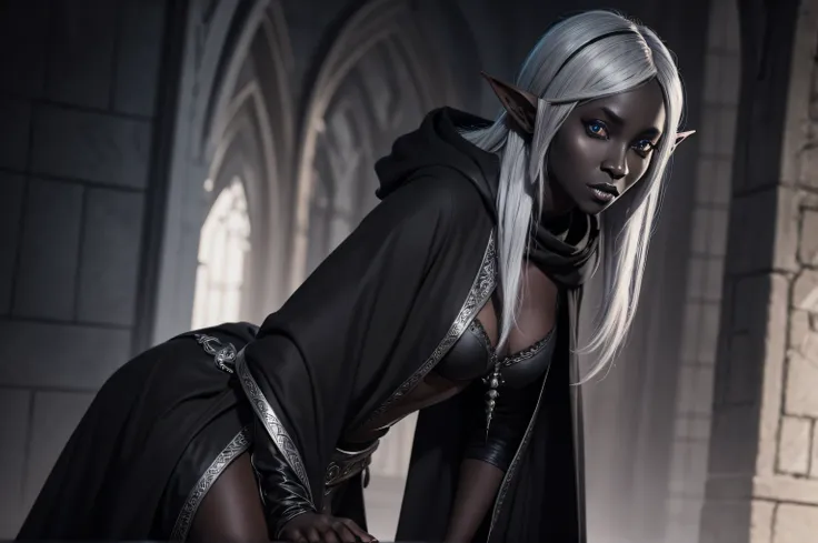 a female drow elf with black skin and silver hair dressed in black monk robes