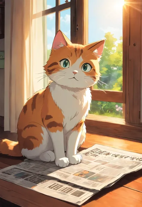 A round-eyed cute cat,Read the newspaper, Sunlight outside the window