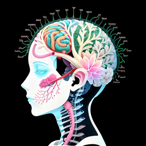 Brain Garden，There is a relative neural composition，Artistic Graphic Style: Medical Anatomical Structure