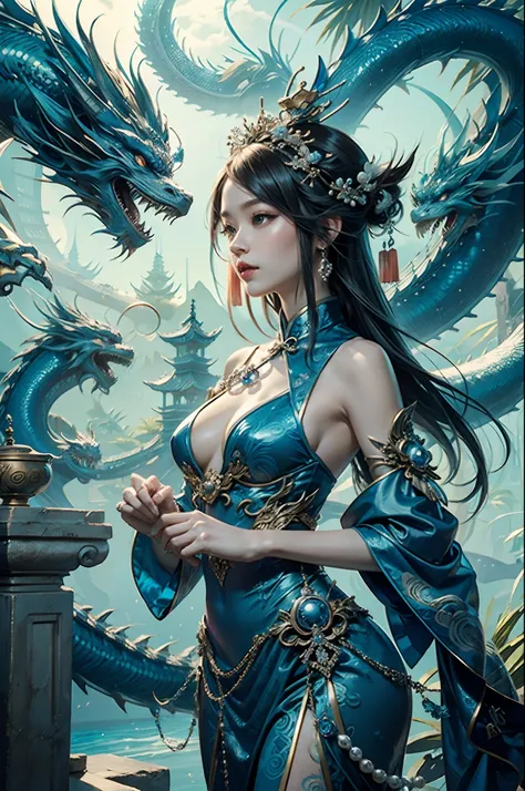 A whimsical, dreamlike artwork that combines elements of a "blue Chinese dragon in Paradise." has pearls