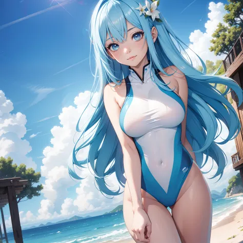 Official art、Top quality ultra-detailed CG art、a beauty girl：１.２）、blue hairs、Glossy hair、smooth hair、large blue eyes,Mid summer、kawaii、The sky is beautiful、medium cut、White competitive swimsuit、Smooth clothes、ssmile、It features a simple、Naked、