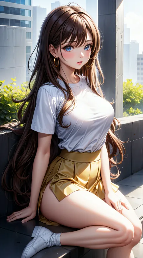 (best quality:1.5, highres, UHD, 4K, detailed lighting, shaders), brown wavy hair, gradient hair, large breasts, woman small shirt, small skirt, white panties, pwhite skirt, (pov), full body, white background, colorful eyeshadow, dramatic lighting, sparkli...