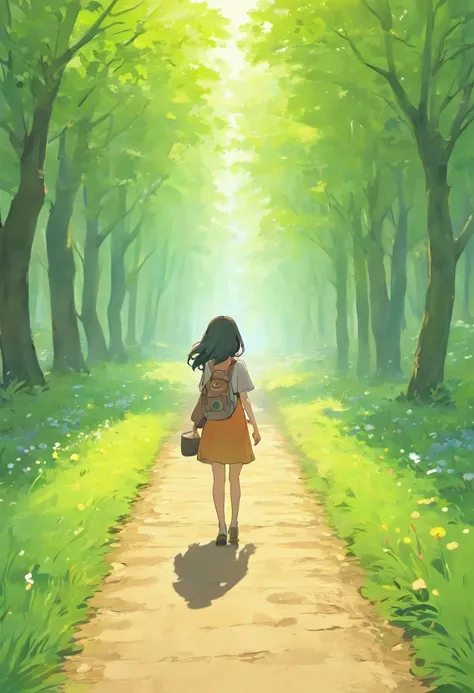 There is a painting of a country road with flowers and trees, A girl is walking with her dog，a digital painting by JoWOnder, shutter inventory, Digital art, lush countryside, Landscape illustration, Valle exuberante, Valle encantador, arte de fundo, anime ...