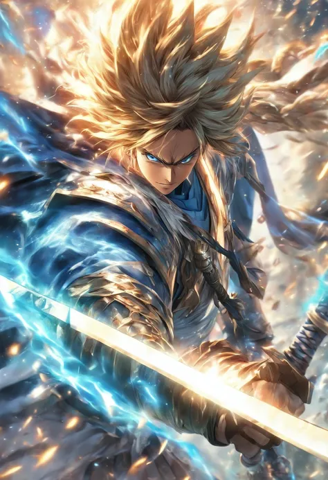 (best quality,4k,highres,masterpiece:1.2),ultra-detailed,(realistic,photorealistic,photo-realistic:1.37),swordsmanship,strong,drifting,long-haired,man,azure white,long sword,surrounded by sword energy