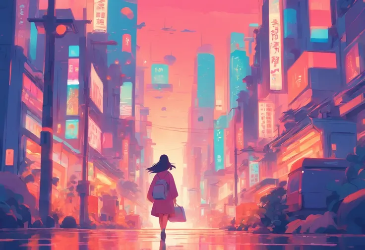 Illustration of a woman walking through the city with various objects, Edit the pastel colors of the illustration, in style of james gilleard, Illustration style, james gilleard artwork, Flat illustration, in style of digital illustration, magazine illustr...