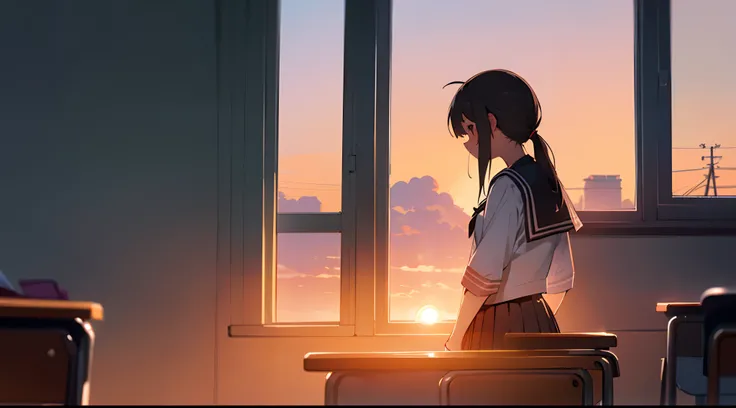 The setting sun of dusk spills into the classroom,Teenage girl in white shirt, Black pleated skirt, Sailor suit, No hat on a ponytail,Leaning against the classroom window and looking out the window