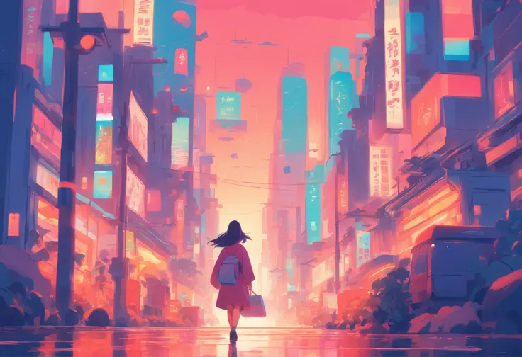 Illustration of a woman walking through the city with various objects, Edit the pastel colors of the illustration, in style of james gilleard, Illustration style, james gilleard artwork, Flat illustration, in style of digital illustration, magazine illustr...