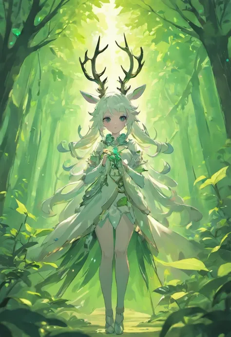 a white buck with small horns adorned with large leaves and vines in a enchanted forest background