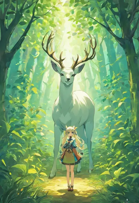 a white buck with small horns adorned with large leaves and vines in a enchanted forest background