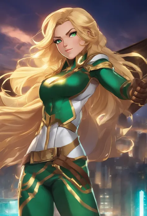 My Hero Academia Inspired Character Portrait: Vibrant colors, a young heroine with golden blonde hair and piercing emerald green eyes, wearing a distinctive hero costume1.2 with unique superpowers manifested, dynamic action pose, her personality exuding co...