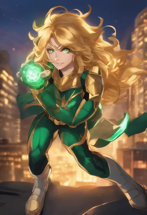 My Hero Academia Inspired Character Portrait: Vibrant colors, a young heroine with golden blonde hair and piercing emerald green eyes, wearing a distinctive hero costume1.2 with unique superpowers manifested, dynamic action pose, her personality exuding co...