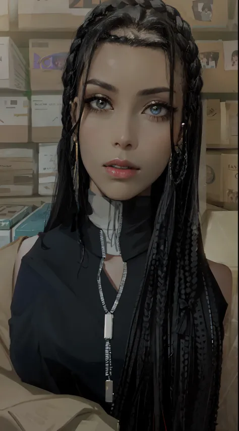 a close up of a woman with long hair wearing a black top, long black braids, frontal picture, box braids, long black braided hair, long braided black hair, black hair in braids, very very low quality picture, with black pigtails, 2 4 year old female model,...