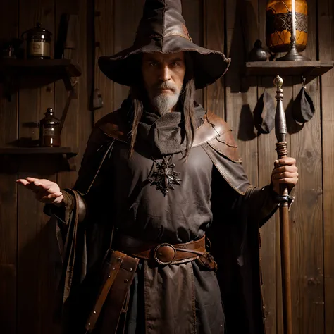 Wizard, brown cloak, gray witch hat, one shoulder leather armor, tall wooden wizard staff, potions hanging on staff, leather belt, potions on belt.