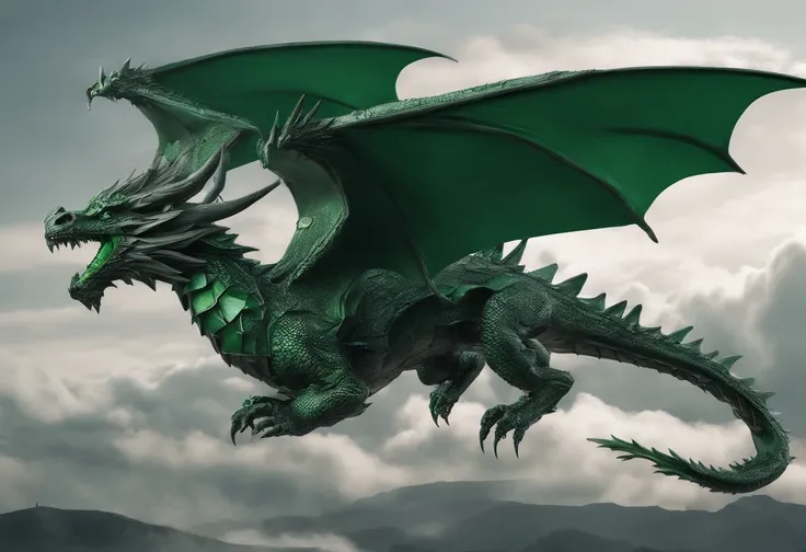 green wooden Dragon in flight from geo data in the style of a detailed hyperrealism photo shoot