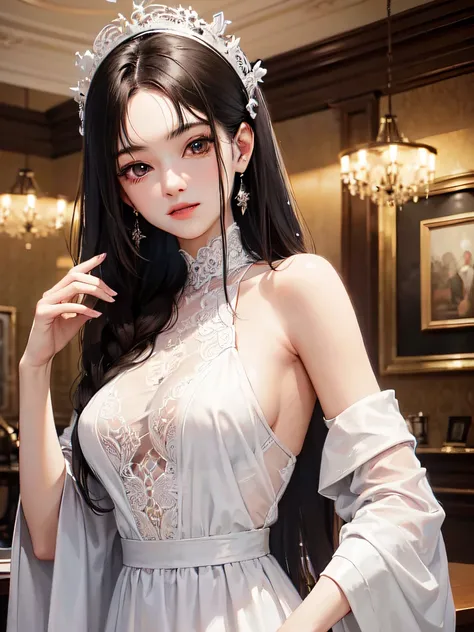 ((top-quality、masuter piece:1.3))、超A high resolution、(The best illustrations)、1 female、a beauty girl:1.3、4/5 shots、Straight hairstyle、A dark-haired、glistning skin、lightsmile、closes mouth、爆乳、Off-shoulder see-through white long dress、hyperdetailed face、A det...