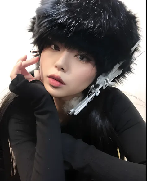 1girl, Asian, cabelos pretos e longos, blusa preta, Accessories, a furry black hat, pintura, alta qualidade