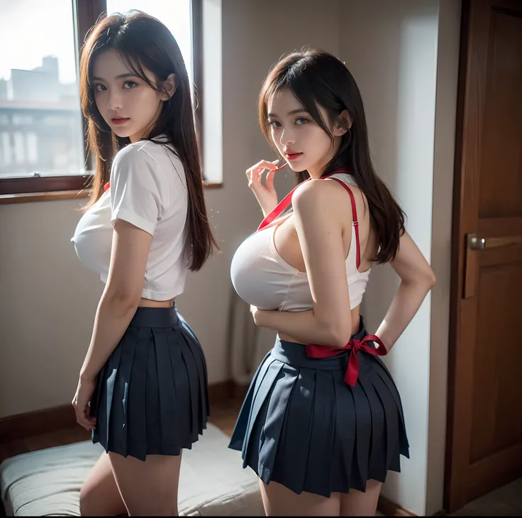 top-quality, ​masterpiece, (Professional lighting without shadows), A hyper-realistic, Bewitching, perfect anatomia, Two girls, (Proudly stand in front of the camera、Girl showing off ribbon tie, Another girl on the other side、Bend over and stick your butt ...