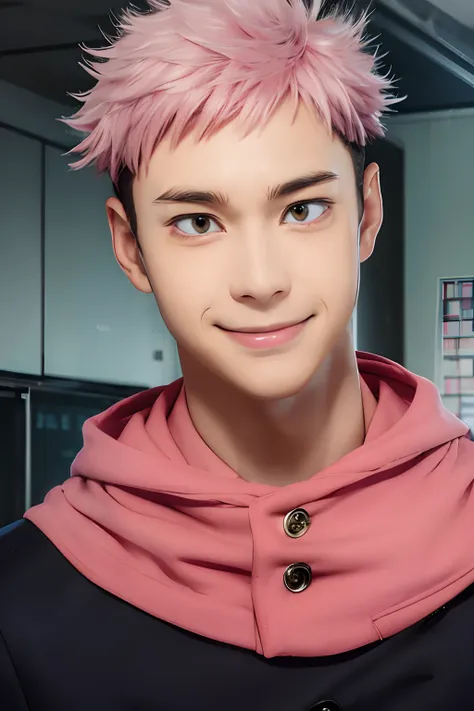 top-quality, 8K, ultra-detailliert, Photorealsitic, 1boy, Solo, Male Focus, Looking at Viewer, Upper body, polygon_Yu II, Light pink hair, Undercut, School run, student clothes, (Black school uniform:1.3), smirking, Japan Faces, Sharp eyes