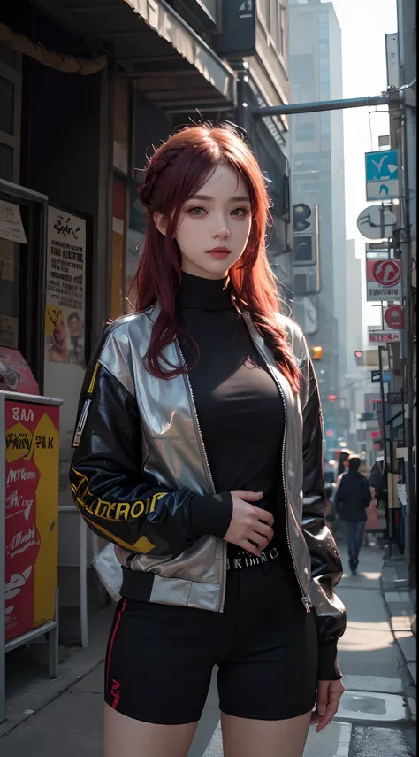 Beautiful photorealistic photograph of a beautiful girl wearing tech jacket and assorted cyberpunk clothing and paraphernalia, colorful cyberpunk hairstyle, dynamic pose, cyberpunk street background, perfect ratio proportions, abstract beauty, approaching ...