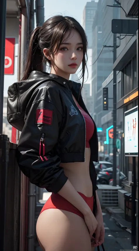 Beautiful photorealistic photograph of a beautiful girl wearing tech jacket and assorted cyberpunk clothing and paraphernalia, colorful cyberpunk hairstyle, dynamic pose, cyberpunk street background, perfect ratio proportions, abstract beauty, approaching ...