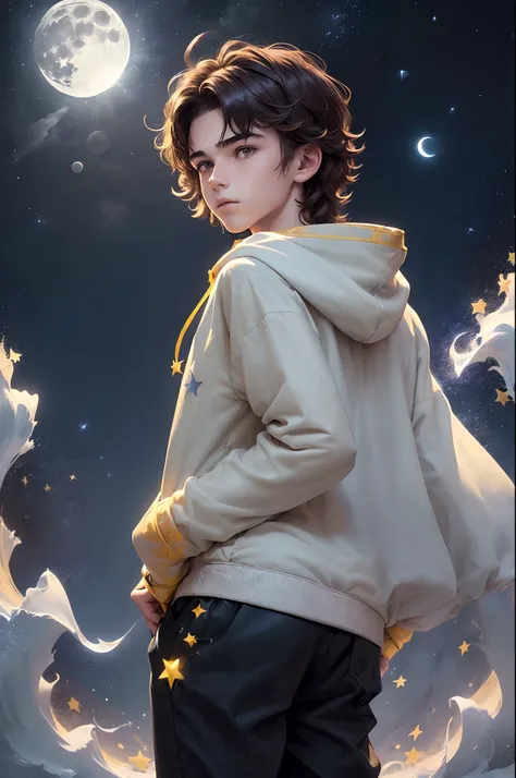 Illustrated image of a young ((((((teenage man)))))) (about 18) with (((((VERY short))))) ((wavy)) and ((flowy)) ((messy)) and ((fluffy)) short brown hair, and heterochromic brown and blue eyes. Wearing a yellow star-patterned hoodie white pant. Weilding M...