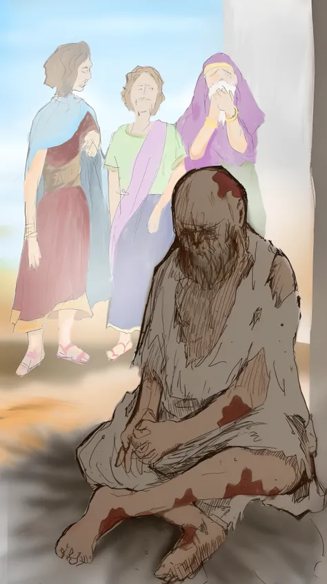 With a man sitting on the ground、The person behind it々A painting depicting a group of, Bible Illustration, The art of prophecy, drawn with photoshop, colored illustration, Digital Illustration, Suffering and suffering, digitally colored, After the battle, ...