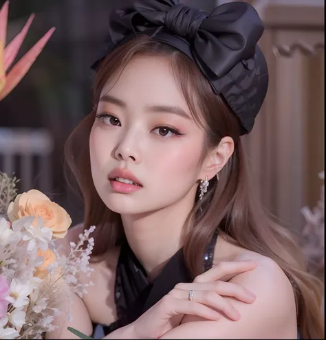 un primer plano de una mujer sosteniendo un ramo de flores, blackpink jennie, lalisa manobal, parque roseanne de blackpink, retr...