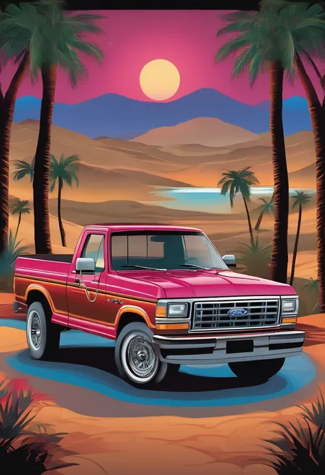 Illustration of a Ford pickup truck from the 80s, showcasing its distinct strong and rectangular design. The scene is adorned with shimmering neon lights, bold colors, and classic 80s patterns. Front and center, the truck features the stylishly written nam...