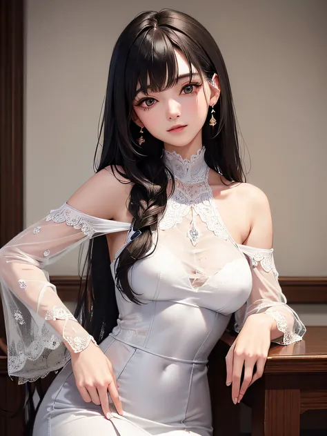 ((top-quality、masuter piece:1.3))、超A high resolution、(The best illustrations)、1 female、a beauty girl:1.3、4/5 shots、Straight hairstyle、A dark-haired、glistning skin、lightsmile、closes mouth、爆乳、Off-shoulder see-through white long dress、Earring、hyperdetailed fa...